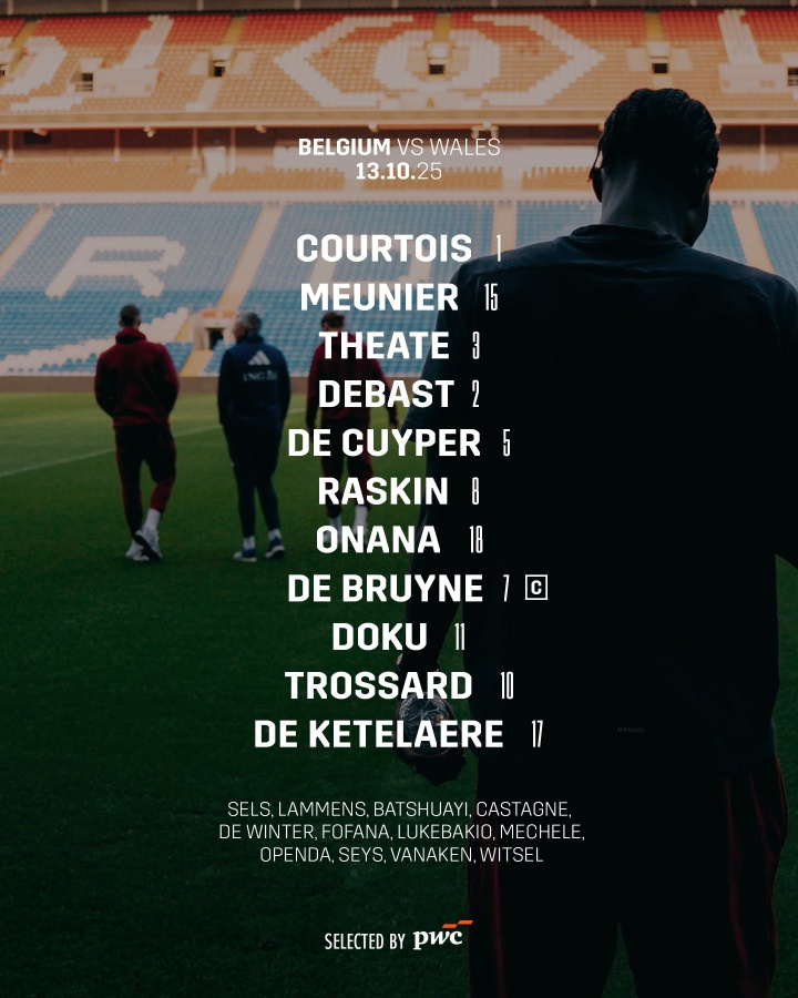 比利时客战威尔士首发:德布劳内、库尔图瓦领衔,特罗萨德出战